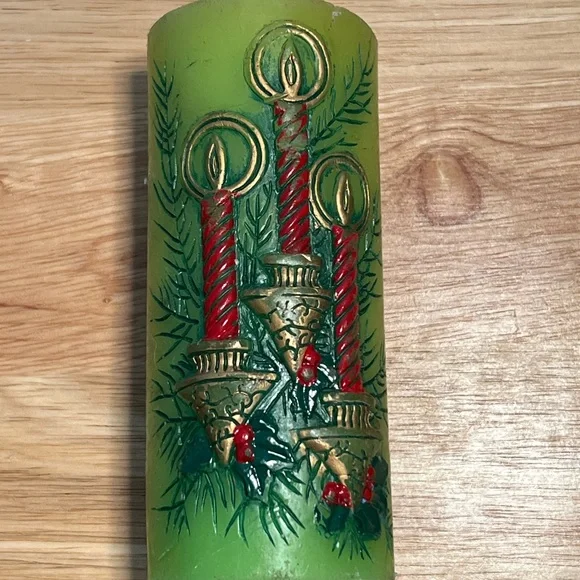 Green Holiday Candle with Red and Gold Accents - Picture 1 of 5